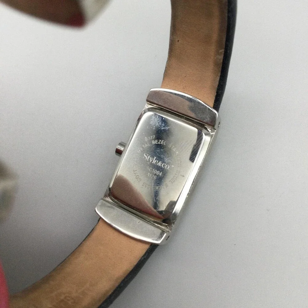Style & Co. Womens Watch 18mm Silver Dial Black Leather Open Cuff New Battery